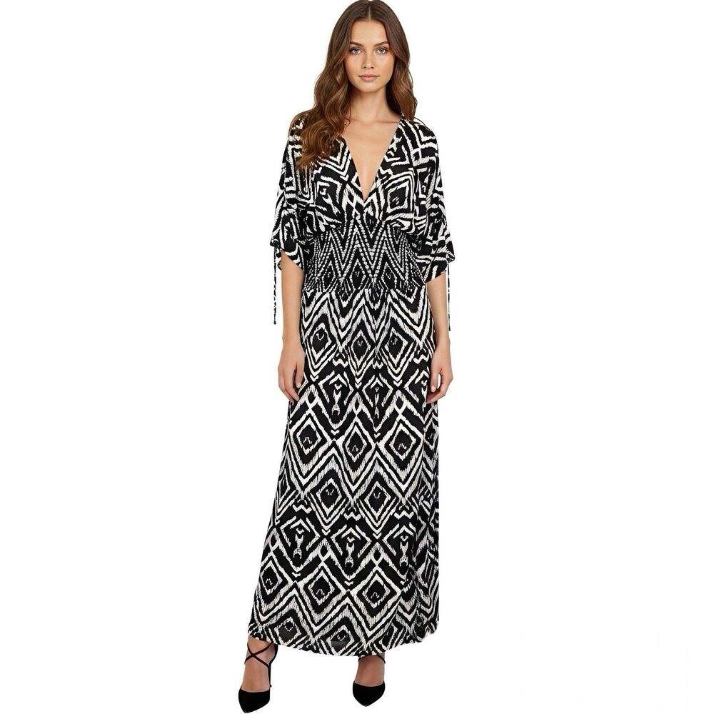 T-Bags Los Angeles Womens Dress Maxi V Neck Smocked Waist Kimono Lagenlook Boho